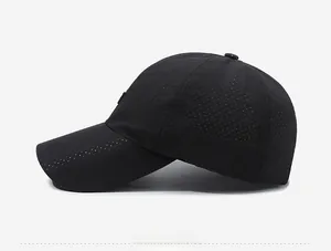 Side view of black breathable quick-dry baseball cap with laser-cut holes and lightweight fabric
