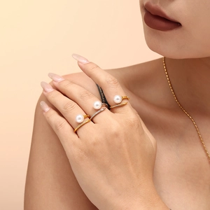 Titanium Steel Imitation Artificial Pearl Zircon Ring Open Adjustable Elegant Light Luxury Jewelry For Women