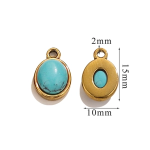 Detailed view of oval turquoise pendant with 15x10mm size specifications in gold finish