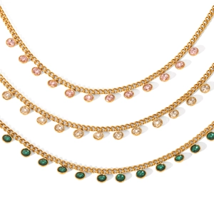 Elegant stainless steel necklaces with pink, green and champagne zircon pendants