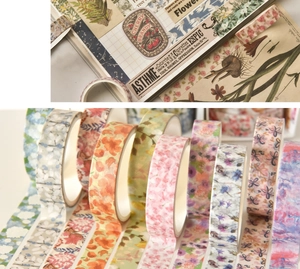 Detail of vintage floral washi tape set with 8 rolls for creative scrapbooking