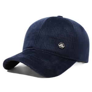 Dark blue corduroy baseball cap for men with warm ear flaps and a metallic M logo detail