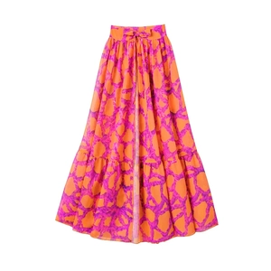 Jupe longue taille haute orange et violette à fleurs, volants et détails de cordon