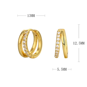 Detail showing S925 hallmark and 13mm size specs of gold double hoop earrings with cubic zirconia
