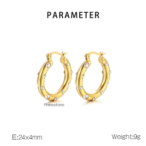 Detail of 24x4mm gold-plated U-shaped stainless steel earrings with inset rhinestones