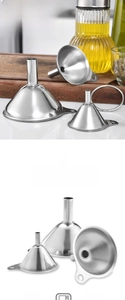Three-piece stainless steel funnel set with hanging handles for kitchen liquid transfer