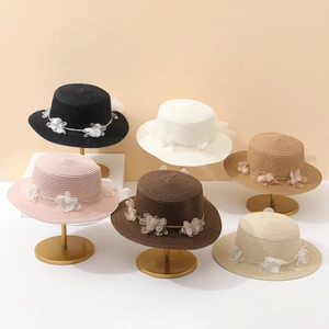 Women Straw Boater Hat Flat Top Wide Brim With Lace Flower Decor Summer Beach Sun Protection French Style