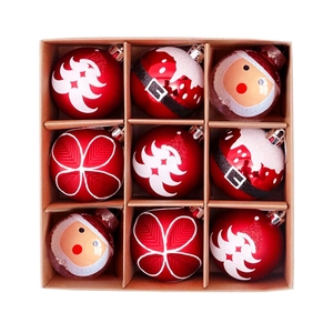 9pcs set of red Christmas balls with Santa and floral patterns in a grid storage box