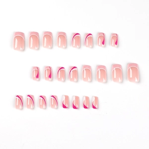 French press-on nails with pink base, white tips, and magenta swirl wave art design