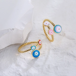 Evil Eye Open Ring Gold Plated Copper Enamel Colorful Geometric Adjustable Band Jewelry For Women Boho Ethnic Style