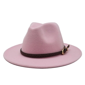 Pink wool fedora hat with a brown woven band and gold buckle for autumn fashion style