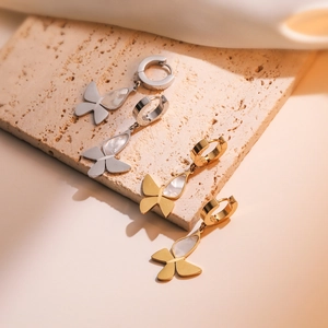 Butterfly Drop Earrings Stainless Steel 18K Gold Plated Shell Inlay Minimalist Huggie Hoop Fashion Jewelry For Women