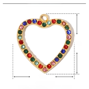 Detailed view of hollow heart pendant with dimensions 15mm by 16mm and rhinestone inlay