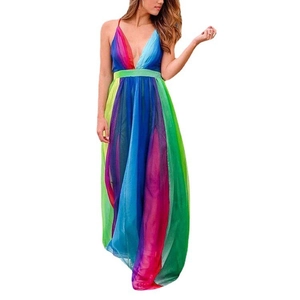 Detail of colorful rainbow chiffon maxi dress featuring a deep V-neck and tiered skirt