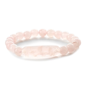 Pink natural stone beaded bracelet with rectangular energy crystal on white background