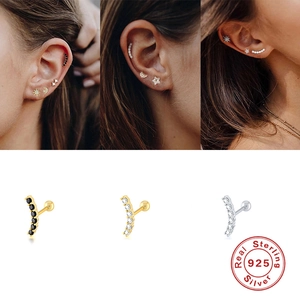 S925 sterling silver curved bar stud earrings with black and white zircon stone inlay