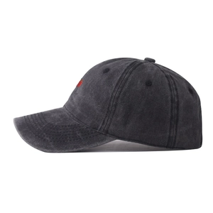 Detailed side view of dark grey washed cotton baseball cap with red apple embroidery