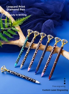 Detail of leopard print diamond pens in seven colors on a professional dark blue background