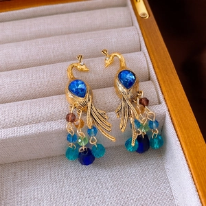 Detailed close-up of peacock earrings with blue gemstones and colorful beaded tassels