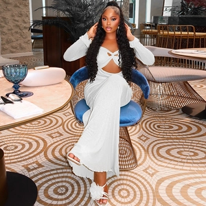 White cutout halter dress with long sleeves and pleated bodycon knit fit for women