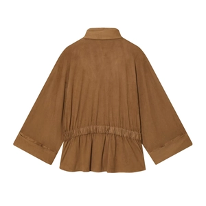 Veste marron en suédine pour femme avec taille élastiquée et manches amples chic