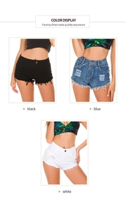 Three-color display of high-waisted distressed denim shorts with frayed hems and ripped details
