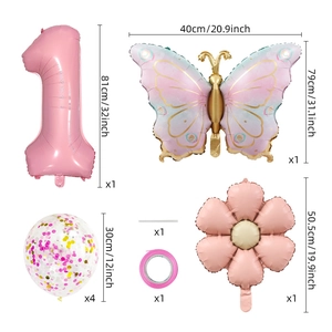 Pink daisy butterfly balloon set with number 1 foil balloon for girl first birthday party