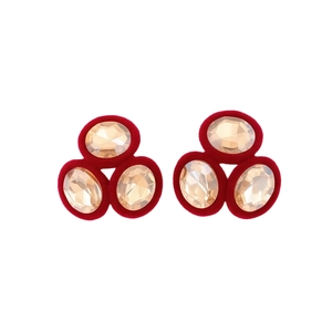 Elegant champagne oval crystal stud earrings with vintage deep red velvet flocked borders