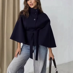 Women's stylish navy blue wool cape coat with stand collar and waist belt closure