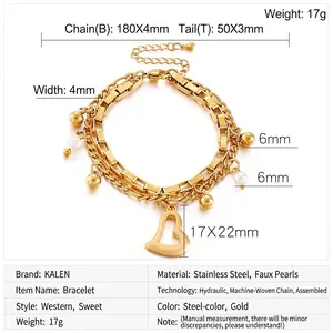 Détail du bracelet double couche en acier doré avec pendentif cœur et dimensions