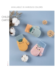 Detailed view of winter knitted cartoon gloves for children in various colorful patterns