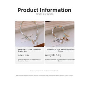 Detail showing freshwater pearl and Shoushan stone necklace with dimension parameters