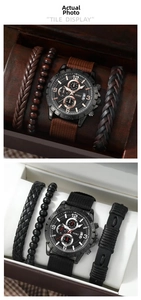 Detail view of quartz watch with woven leather and beaded bracelets in a gift box