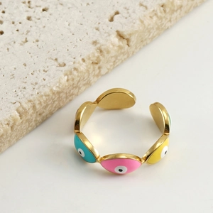 Adjustable 18k gold plated stainless steel evil eye ring with multi-color enamel detail