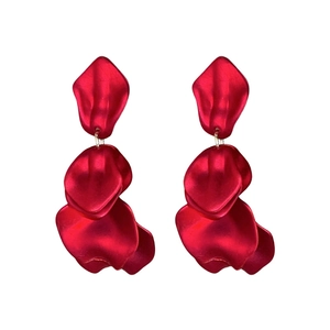 Elegant red rose petal tassel earrings with matte metallic finish on white background