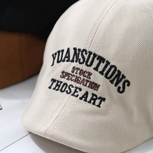Retro embroidered letter cotton beret for boys in creamy white with stylish sun visor