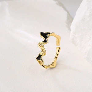 Irregular wave 18K gold plated ring with black enamel and sparkling zircon accents