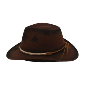 Close-up of brown western cowboy hat with star patterns and woven decorative band