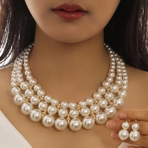 Elegant Layered Imitation Artificial Pearl And Crystal Alloy Necklace And Dangle Earrings Jewelry For Women Ethnic Style