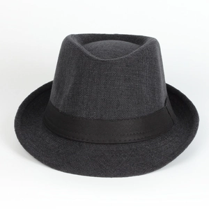 Detail of dark gray fedora hat showing woven texture and black satin decorative ribbon