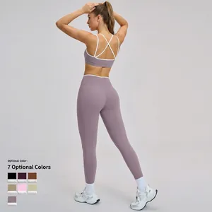 Set yoga donna viola grigio con reggiseno incrociato e leggings in 7 varianti di colore