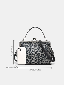 Leopard print handbag size guide with dimensions 29cm width and 21cm height for reference