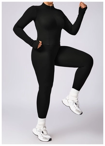 Detail of plus size black yoga suit showing elastic fabric and thumb hole design