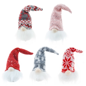 Set of five festive Christmas gnomes with knitted hats and glowing LED lights