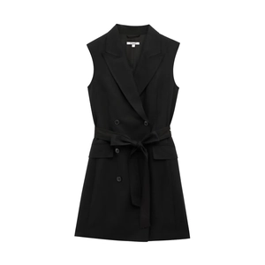 Elegant black sleeveless double-breasted tuxedo dress with waist belt and peak lapels