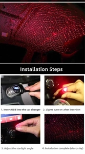 Detail showing the USB car starry sky light installation steps and red laser effect