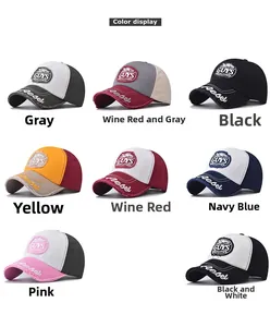 Detailed grid of embroidered GUYS baseball caps showing frayed brims and various colorways