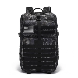 Tactical outdoor backpack in black python camouflage with MOLLE system and US flag patch