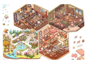 Detailed view of isometric miniature shop stickers featuring cafe and sushi house designs