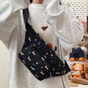 Japanese style black crossbody bag with colorful cartoon dachshund patterns and adjustable strap